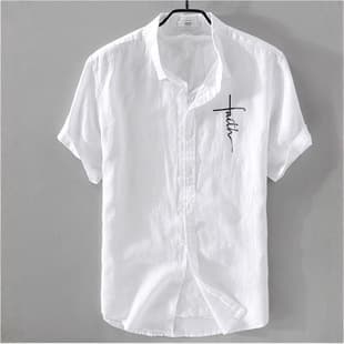 Breathable Pure Linen Shirt Men Short Sleeve Loose Top Summer Wear Thin Turn-Down Collar White Cotton