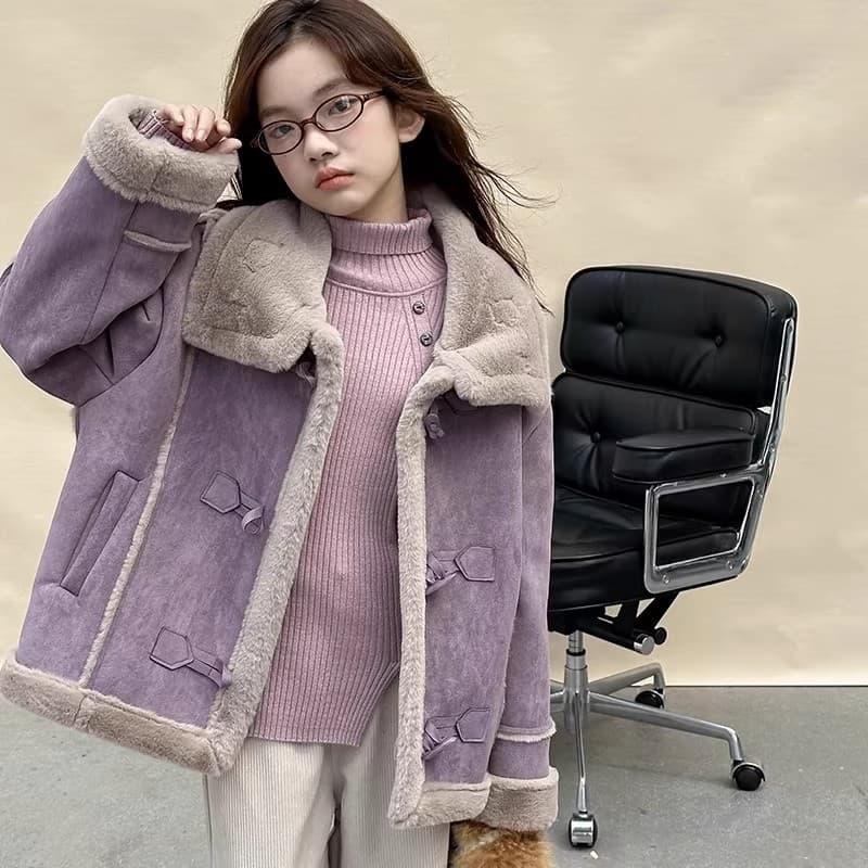 2025 Winter New Style Girls' Fleece-Lined Coat, Children's Deer Skin Suede and Fur Integrated Warm Top