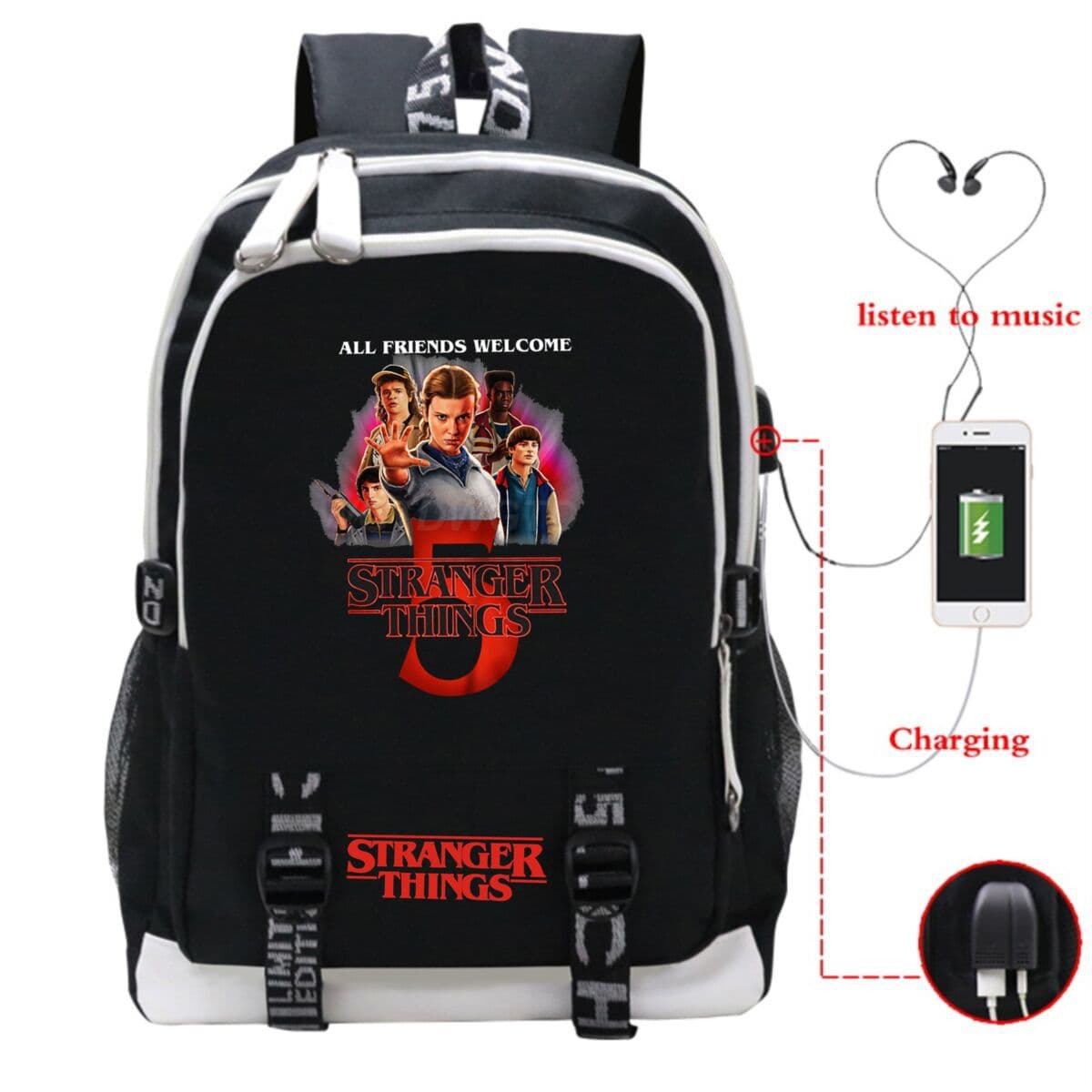Cross-border Stranger Things Trendy Student Backpack with USB Port, Large Capacity Travel Bag