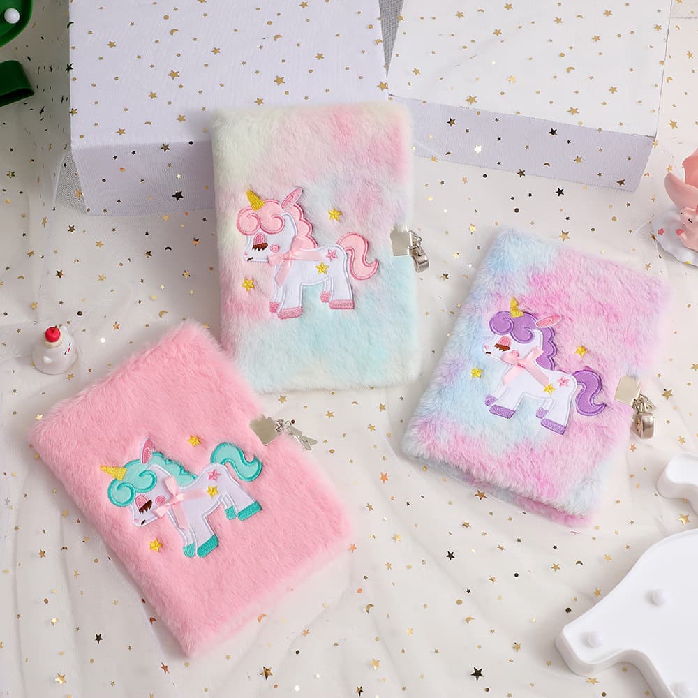 Cartoon unicorn plush notebook cute student study diary record book children's cartoon diary with lock
