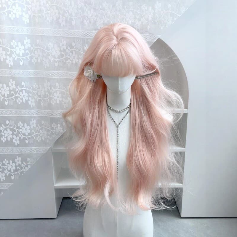 Pink Wig for Women, New Style, Realistic Hair, Long Curly Hair with Big Waves, Full Head Wig in Sweet Lolita Style