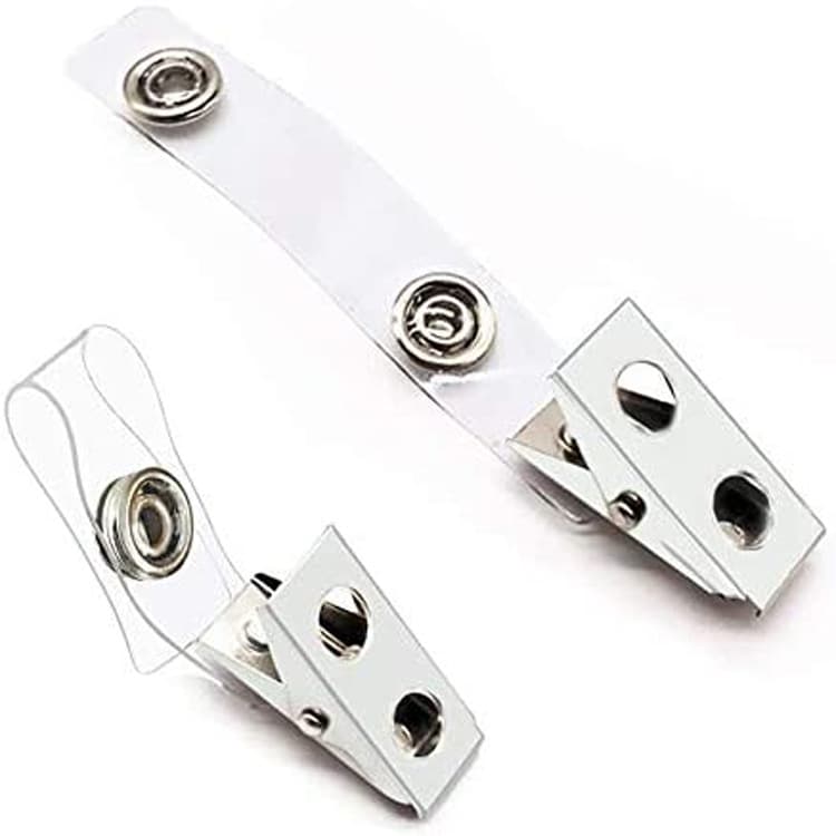 Metal badge clip for credentials with dual-hole design and transparent PVC strap for badge attachment