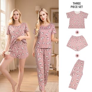 Women's Summer Pajama Three-Piece Set, Short Sleeve Thin 2026 New Style Loungewear, Cute Printed Flower Set