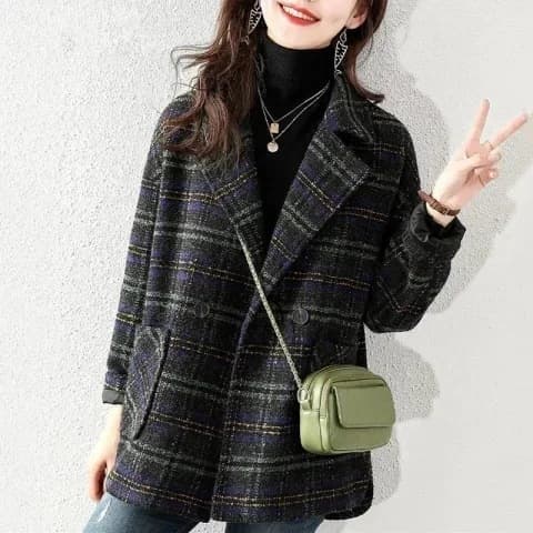 New Plaid Blazer Tweed Jacket 2025 Autumn/Winter Women Korean Style Loose Retro Check Tweed Coat Mid-Length.