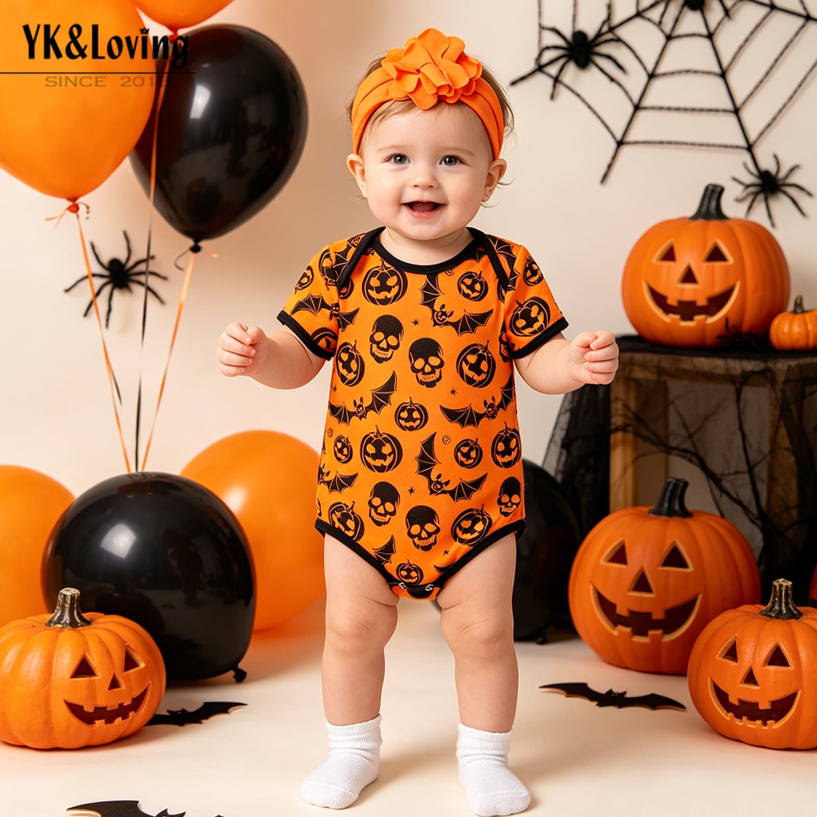Halloween baby onesie printed short-sleeved bodysuit and hair accessories 2-piece set newborn baby party holiday outfit