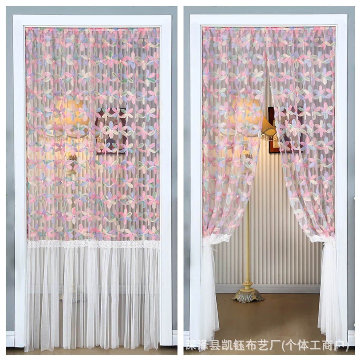 New French Romantic Handmade Lace Door Curtain with Rhinestones, No-Drill Installation, Mosquito-Proof, Bedroom Lace Curtain for Summer