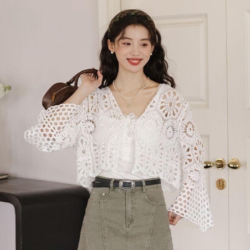Crochet Lace-Up Knit Cardigan for Women, Bohemian Vacation Style Long-Sleeve Short Top Cover-Up Sun Protection Cardigan