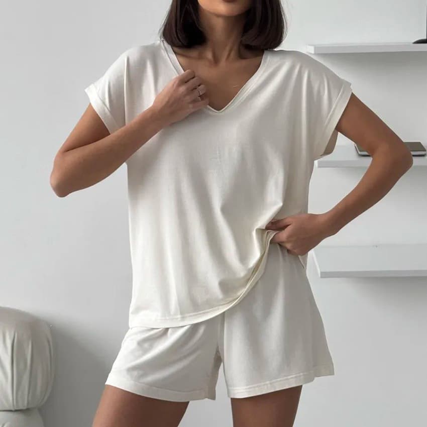 2025 Summer New V-Neck Solid Casual Knit Short Sleeve and Shorts Two-Piece Women's Pajama Loungewear European and American Style