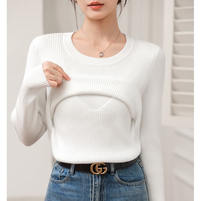 Autumn/Winter New Style Warm Breastfeeding Sweaters, Postpartum Maternity U-Neck Slimming Breastfeeding Base Layer Knit Tops for Women
