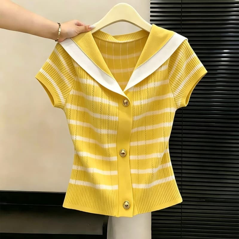 College Style Contrast Stripe Sailor Collar Short Sleeve Knit Top Women Summer Dopamine Outfit Trendy Age-Reducing Small Top