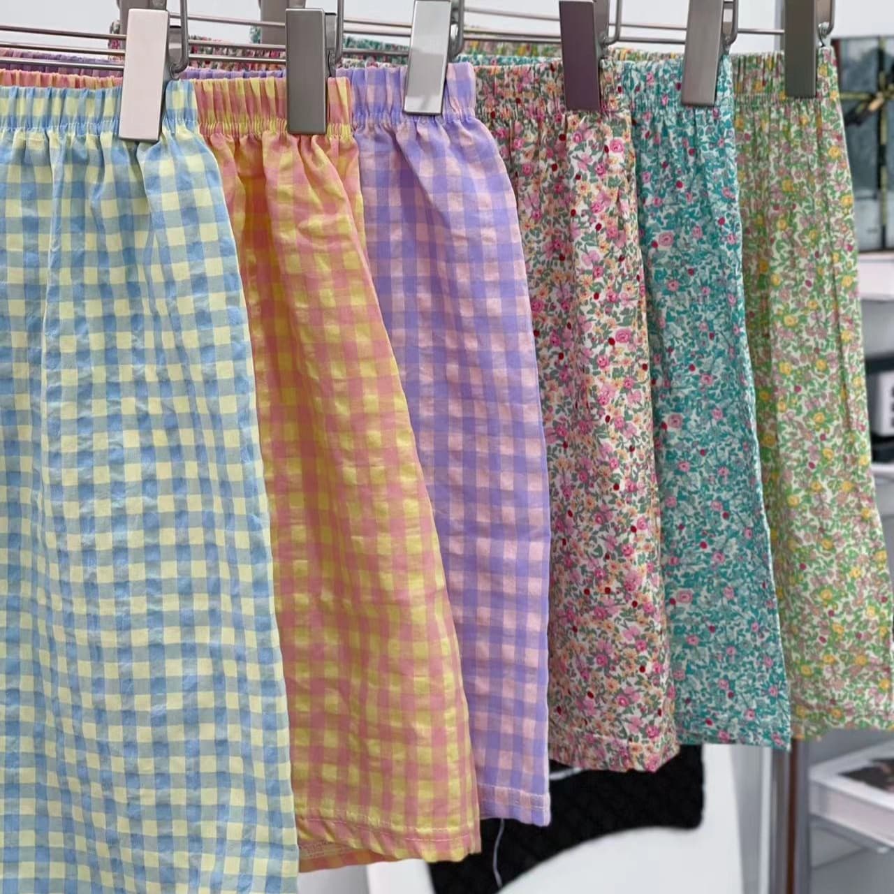 Summer Home Shorts for Women, Floral Print High-Waist Slimming Wide-Leg Pants, Casual Sports Loose Checkered Sleep Shorts
