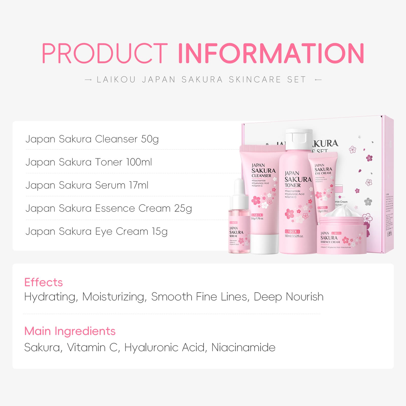LAIKOU Sakura Skincare Set 5-Piece Gift Box Facial Care Kit Moisturizing and Hydrating Skincare