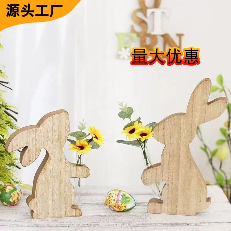 Cross-border Wooden Christmas Home Decoration Desktop Standing Rabbit Flower Arrangement Wooden Craft Ornament Solid Wood Ornament