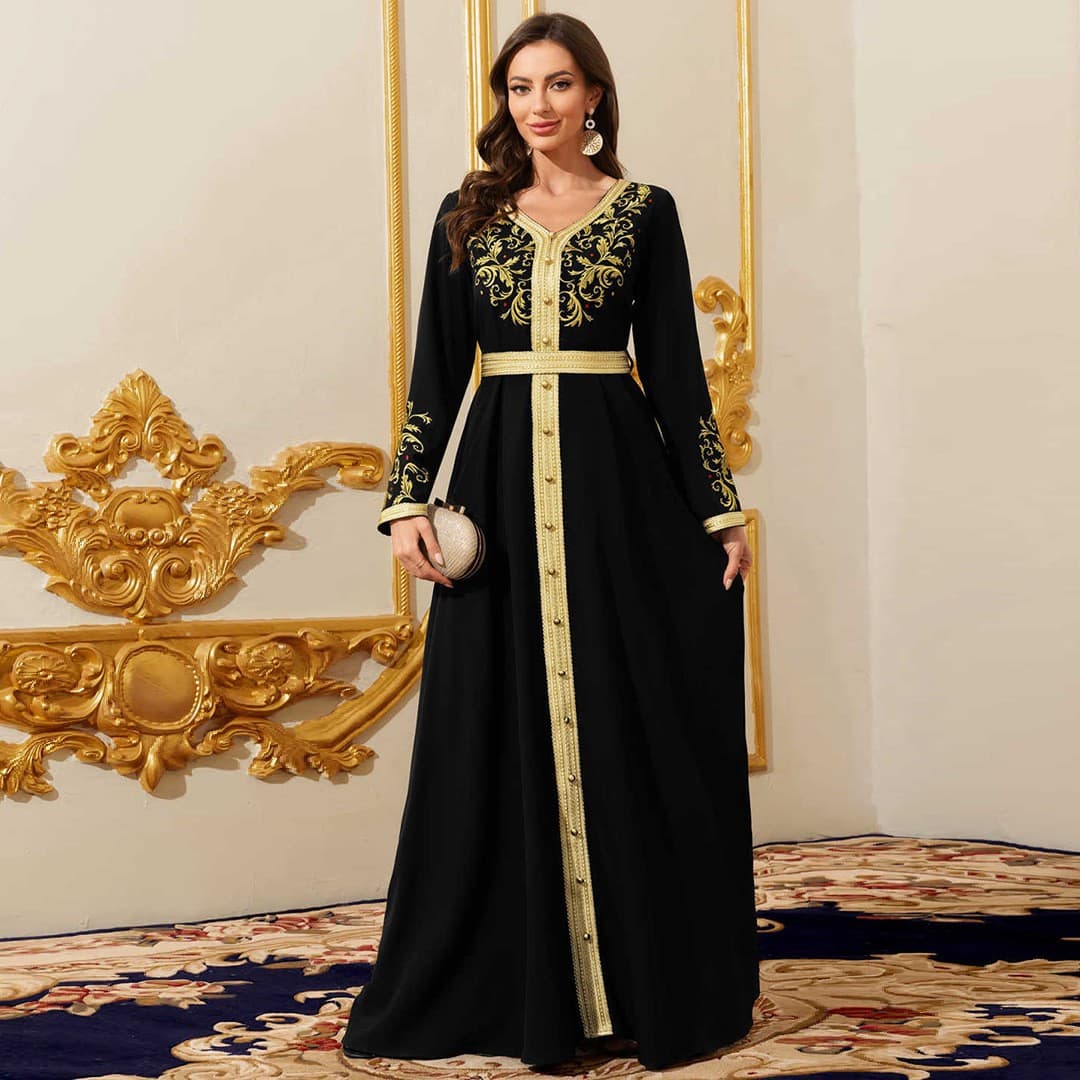 Cross-border Fashion Ethnic Style Black Women's Dress Long Sleeve Elegant Evening Gown Simple Maxi Dress