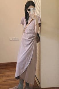 Soft Pink Purple Short Sleeve Dress for Women 2026 Summer New Arrival Petite Pleated Waist Slimming Elegant Long Dress