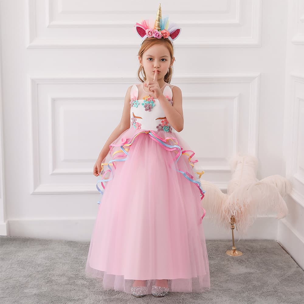 Girls Performance Outfit Children's Wedding Dress Unicorn Princess Skirt Tulle Puffy Dress Flower Girl Long Dress Gown