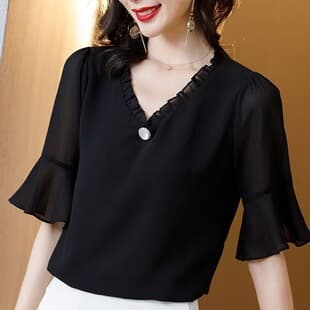New Black Chiffon Blouse for Women, Elegant V-Neck Short Sleeve Summer Loose Fashionable Top, Versatile Stylish Shirt