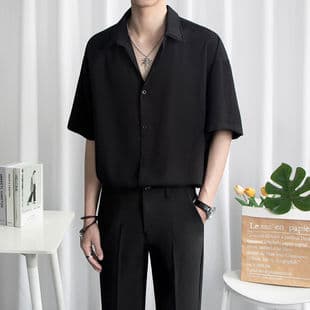 Ice Silk Short Sleeve Shirt for Men, Summer Thin Trendy Fashion High-End Loose Black Gender-Neutral Casual Shirt