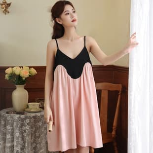 Camisole Nightgown for Women Summer Loose Color Block Pure Desire Short Sleep Dress, Sweet Spicy with Padded Bra, Wearable as Loungewear Cotton