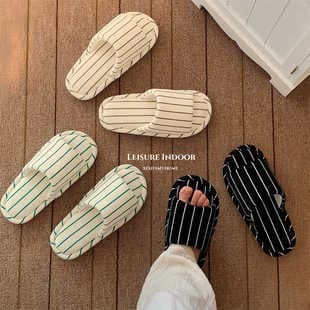 Ins Simple Striped Style Home Floor Shoes, Japanese Cotton Linen Soft Sole All-Season Air Conditioned Room Slippers for Women