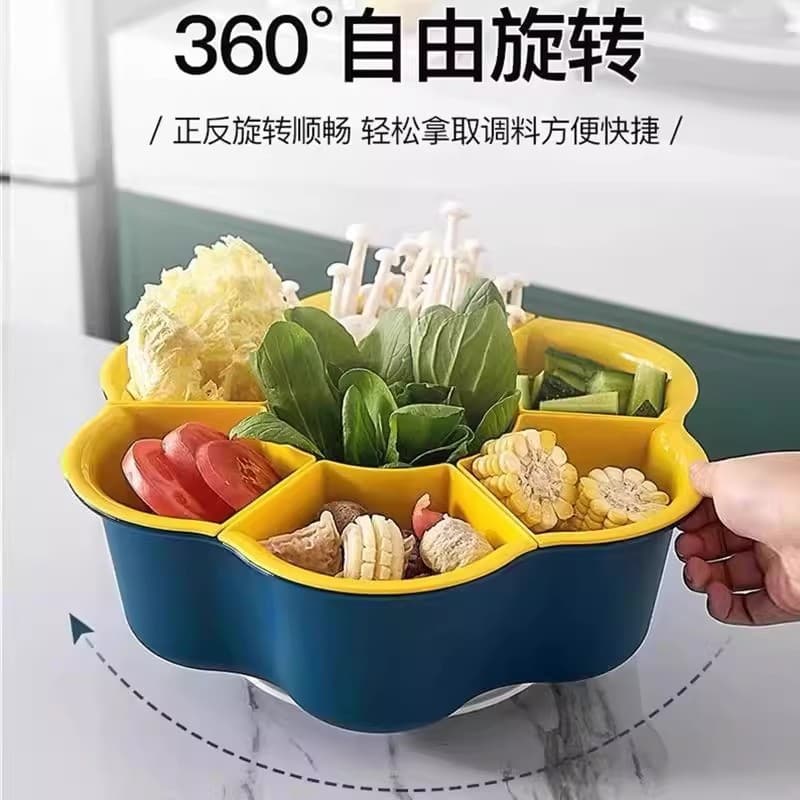 Rotating hot pot serving tray, a kitchen and household food preparation tool, vegetable platter, draining basket, rotating seven-compartment serving tray