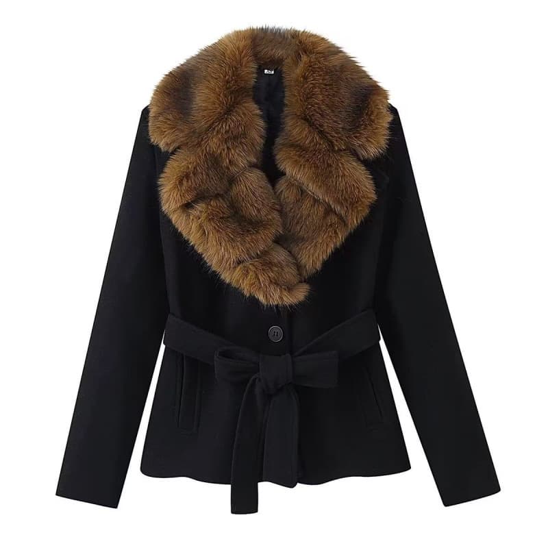 Cross-border Women's Clothing Factory Wholesale 2025 New Turn-down Collar Faux Fur Collar Tie Belt Slim Fit Faux Wool Coat