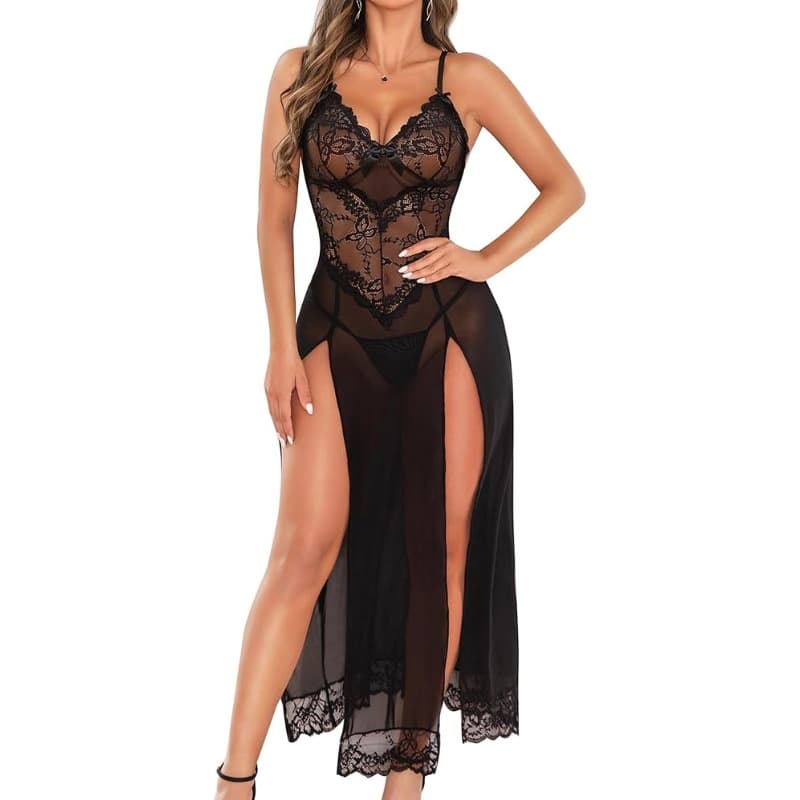 Cross-border foreign trade mesh nightgown summer women's lace sexy lingerie sexy slit suspender long skirt see-through dress