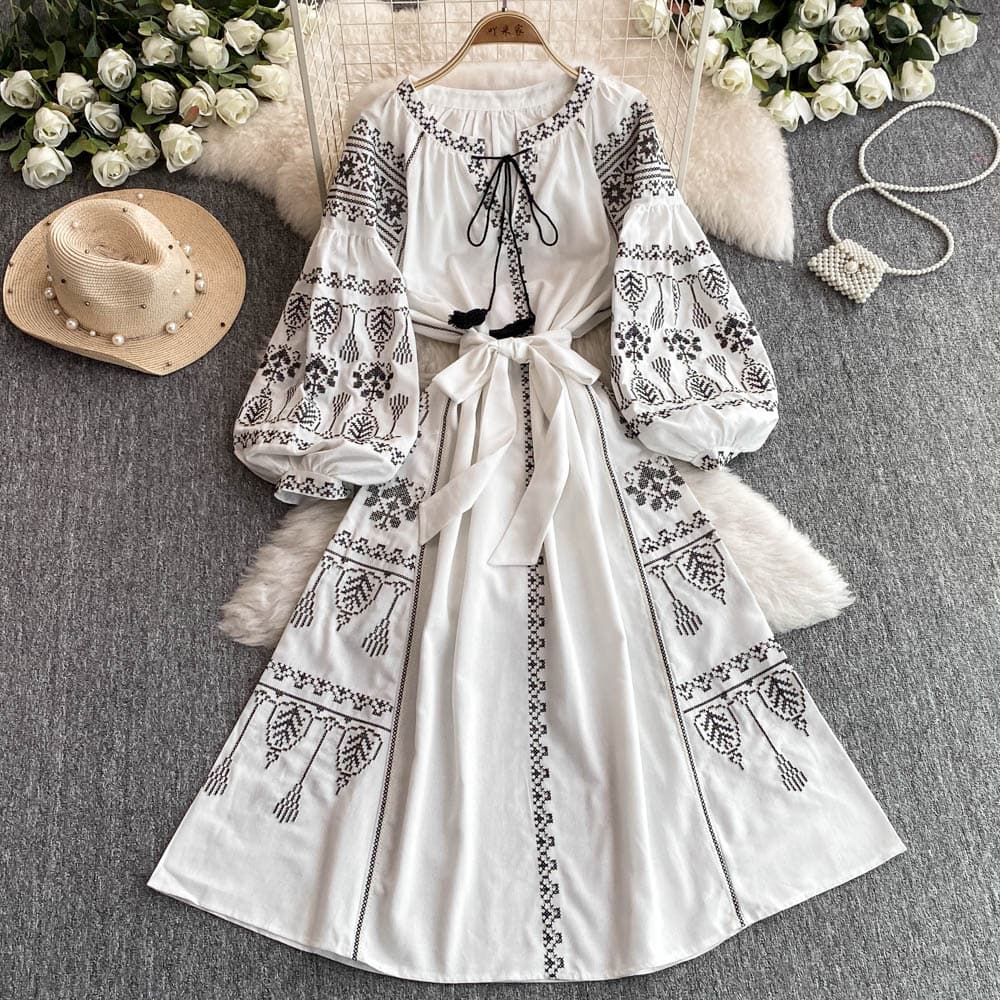 Bohemian Dress for Women Autumn Winter Vintage Heavy Embroidery Puff Sleeve Tie Waist Mid-Length Vacation Dress
