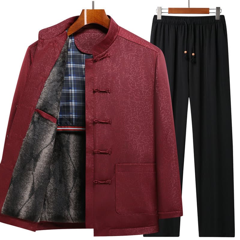 Tang style fleece-lined jacket, middle-aged and elderly men's Chinese style dad's outfit two-piece set