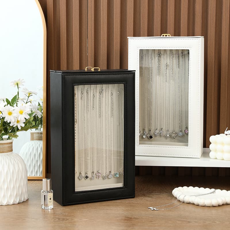 Cross-Border Minimalist Style Vertical Pu Leather Jewelry Box for Necklaces, Bracelets, and Jewelry Storage, Pull-Out Accessory Box