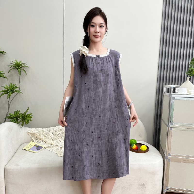 Summer Plus Size Cotton Sleep Dress, Thin Double-Layer Gauze Sleeveless Home Dress, Cartoon Camisole Nightgown, Drop Shipping