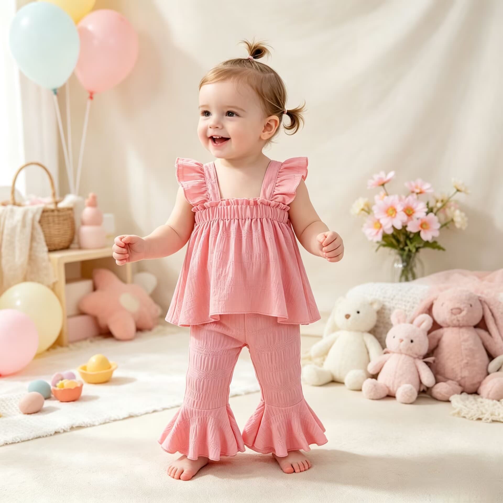 Girls summer suit, sweet ruffled pink pleated camisole, flared trousers, two-piece set, cross-border children's clothing