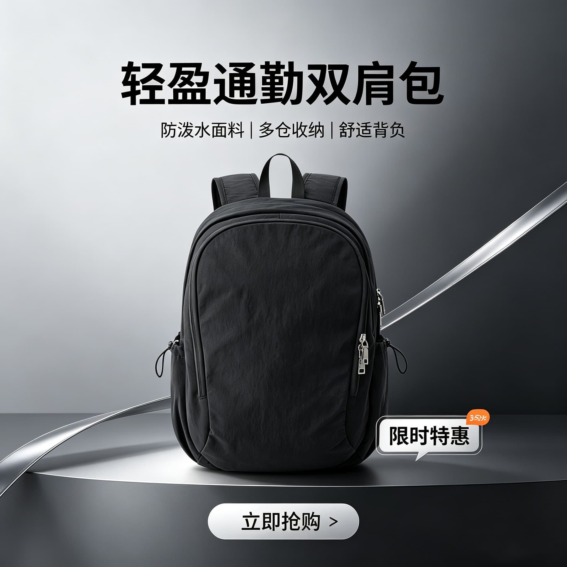 Black pleated nylon backpack, daily commuter computer bag, lightweight and wear-resistant outdoor travel backpack, same style for men and women