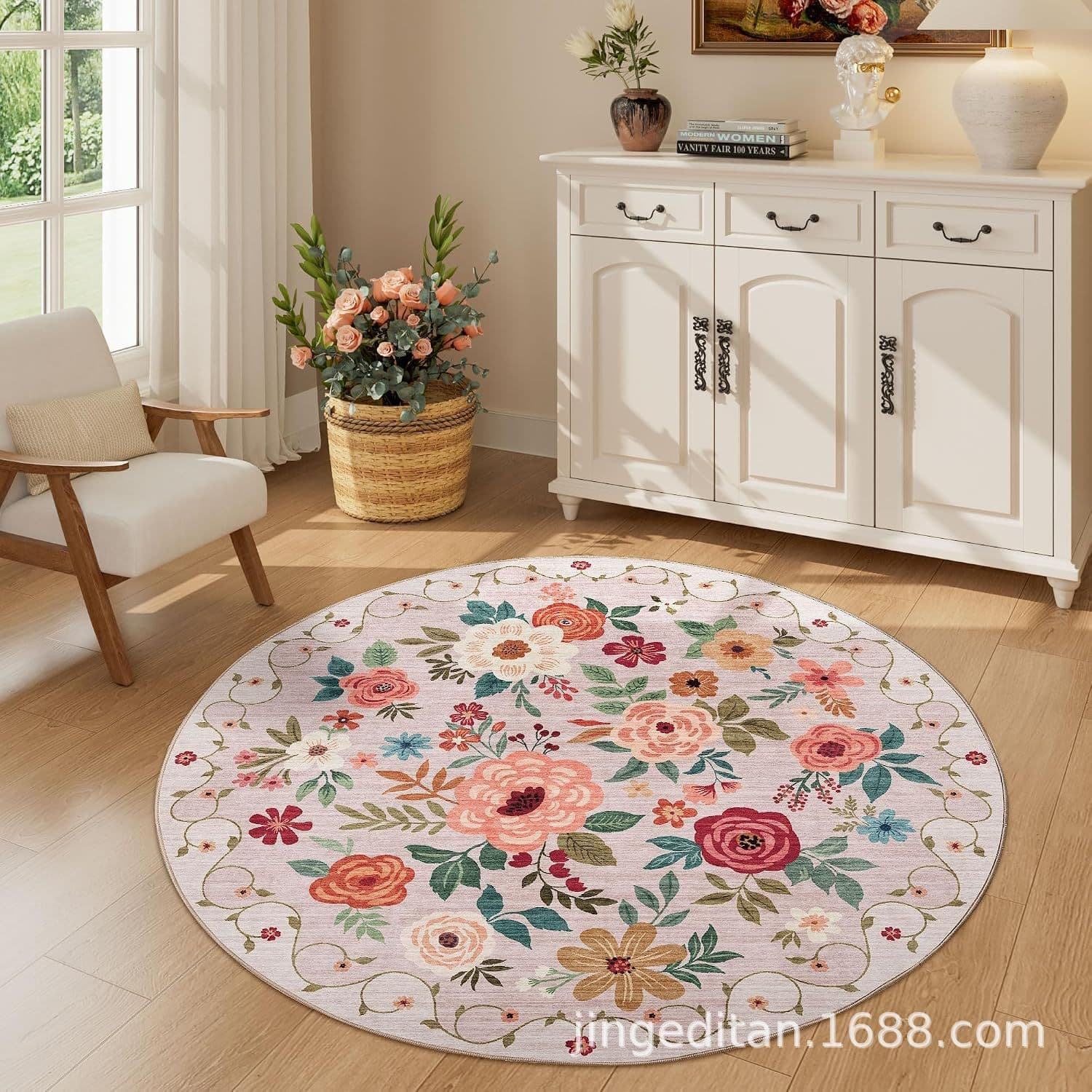 Round Carpet Rug for Living Room Bedroom Coffee Table Floral Vintage Round Rug American Style Cross-Border Wholesale