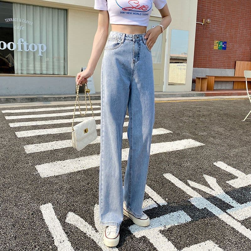 High-waisted Korean-style wide-leg jeans for spring and fall, butt-lifting, slimming, vintage, versatile, suitable for petite figures, slim-fit denim trousers