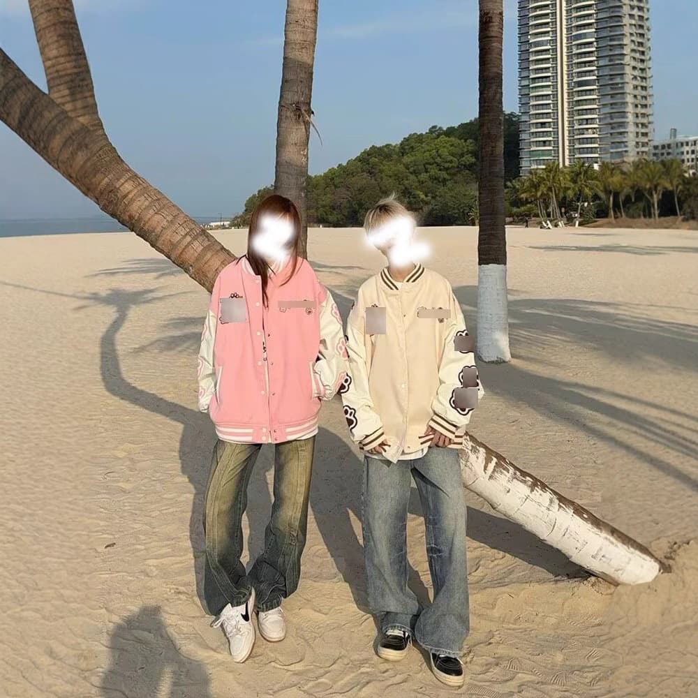 American-style casual brand lazy cat embroidered baseball jacket wool blend men's and women's spring/autumn patchwork jacket with PU leather sleeves.