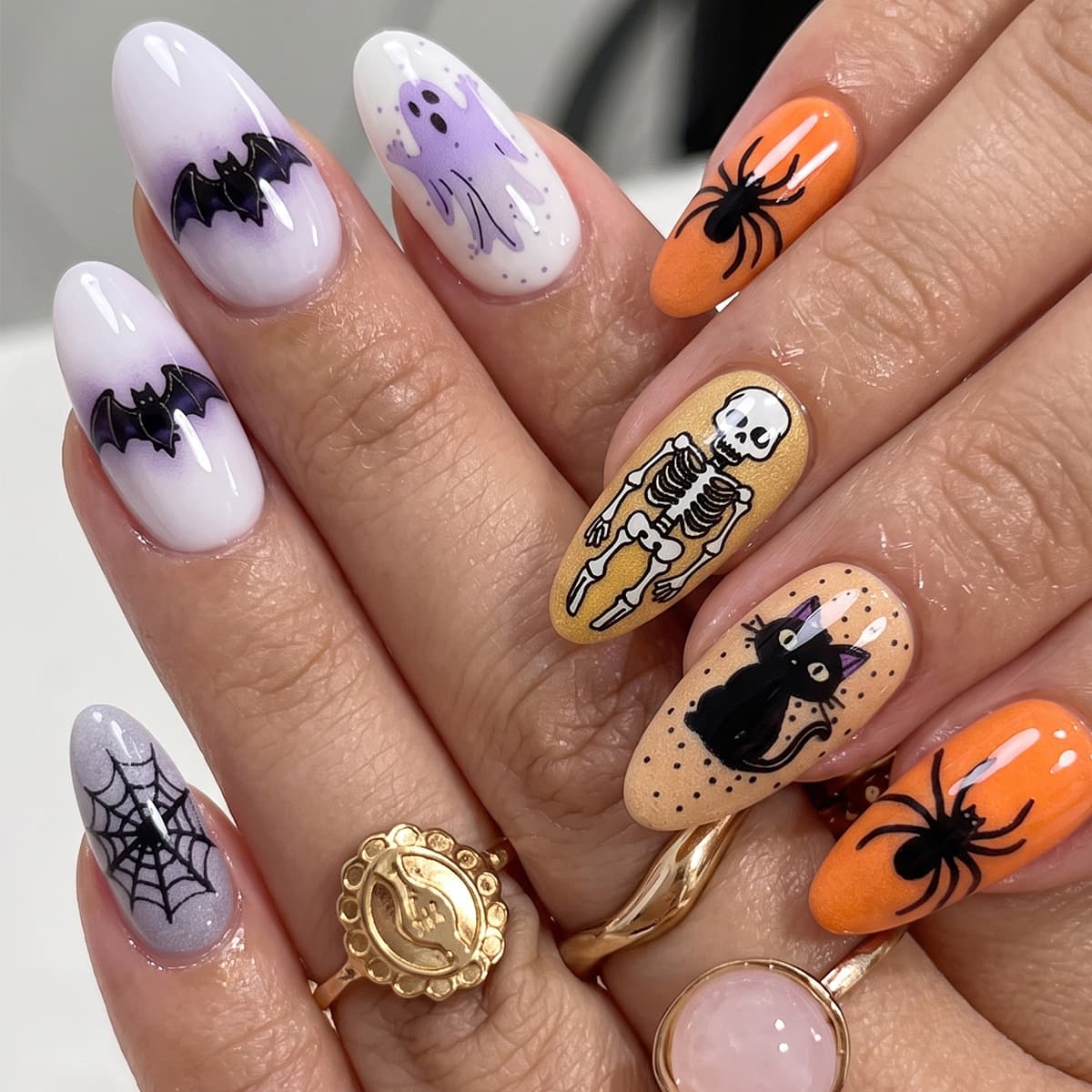 30pcs Funny Ghost Bat Halloween Wearable Nails Cute Pumpkin Spider Web Halloween Quirky Press-On Nail Tips
