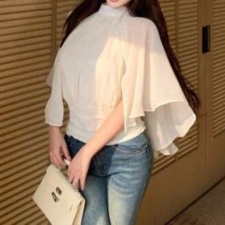 French-style Gentle Half Turtleneck Cape Chiffon Blouse for Women, Summer Waist-Tightening Slimming Shirt, Flowing and Elegant Short-Sleeve Top