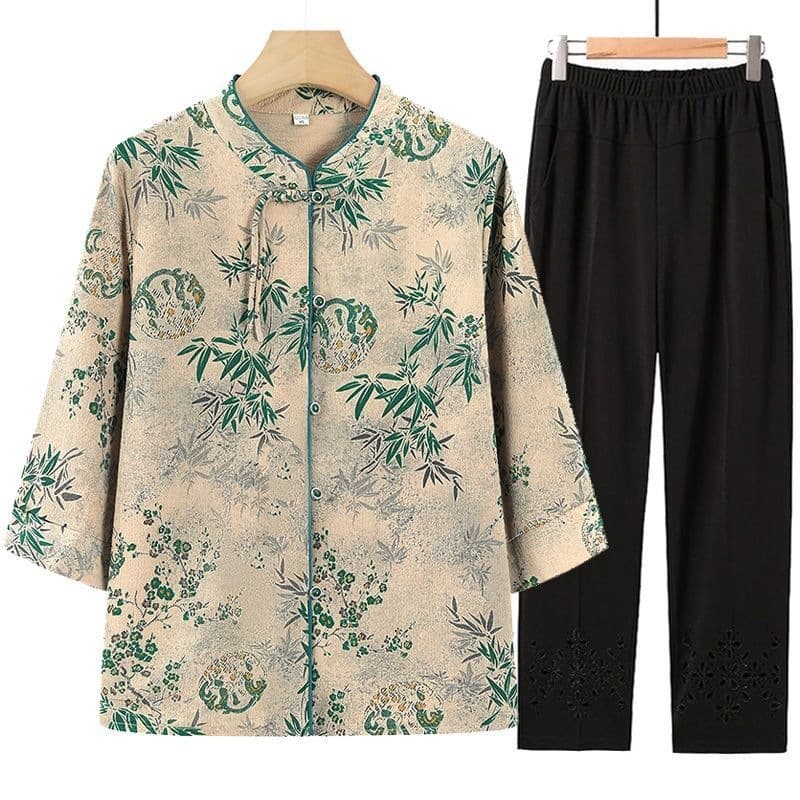Grandma Summer Seven-Point Shirt Blouse Middle-Aged Women's Set Summer Clothes Mother Old Lady Thin Top