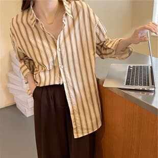 British Stripe Shirt for Women Design Niche 2021 Autumn New Sweet Retro Loose Polo Neck Long-Sleeve Blouse