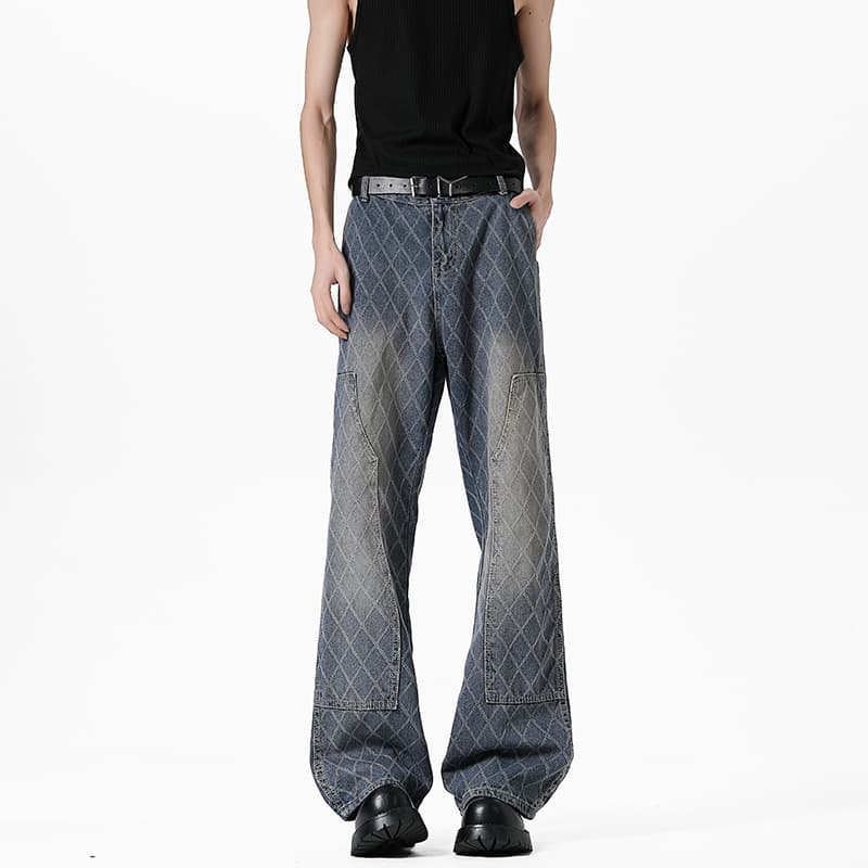 Washed Distressed Allover Jacquard Jeans Men's Streetwear Design Vibe Pants American High Street Slight Flare Trousers