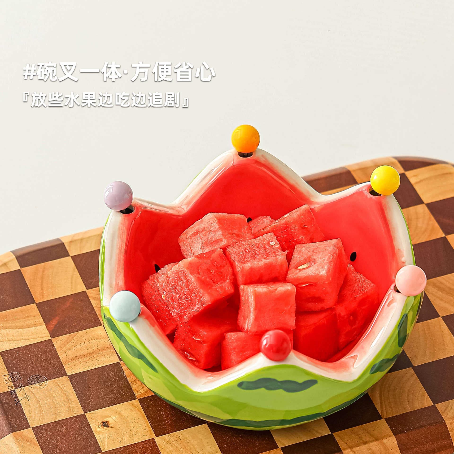 In Stock Ceramic Creative Watermelon Fruit Platter with Forks, Home Living Room Fruit Salad Bowl Stainless Steel Fork Set