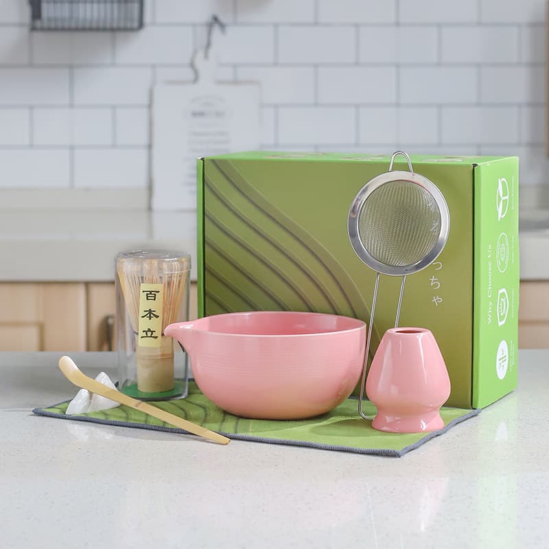 Matcha Set Seven-Piece Pink Matcha Bowl, Hyakuhon-rite Tea Whisk Stand, Tea Scoop Holder, Ceremonial Tea Tools Gift Box