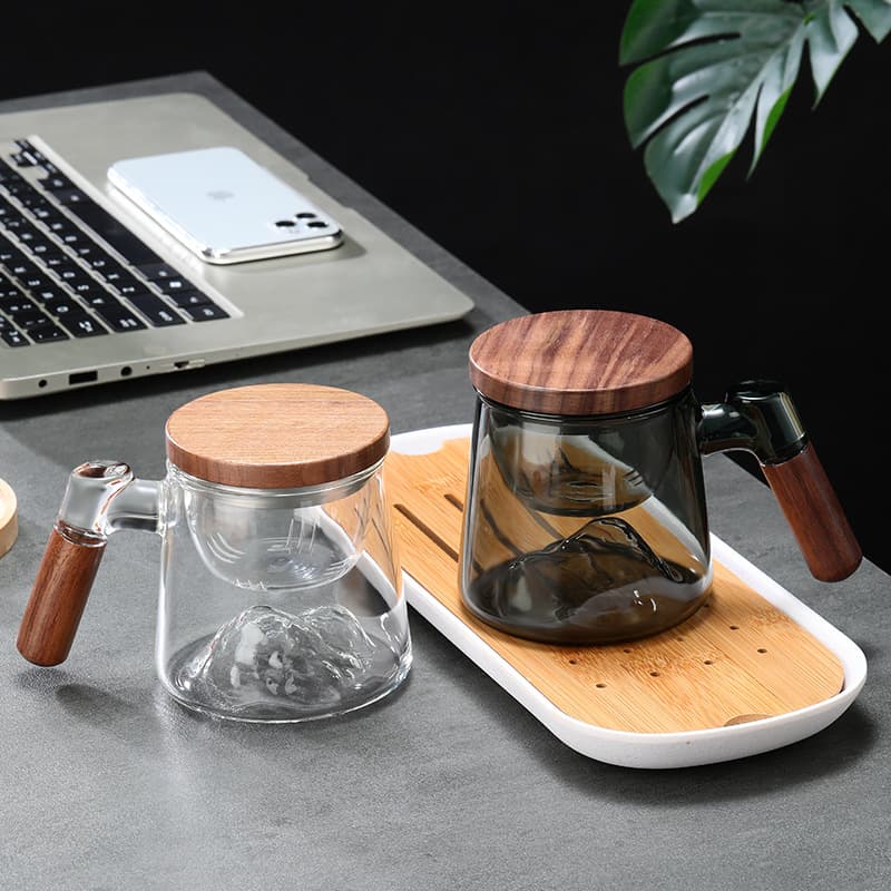 Wholesale Glass Cup with Lid, Tea-Water Separation Cup with Filter Infuser, Chinese Style Guanshan Three-Piece Cup, Wooden Handle