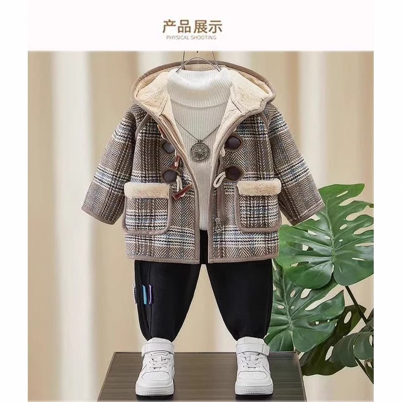 Children's Winter Wool Coat, Stylish Mid-length Fleece-lined and Thickened Wool Jacket for Small to Medium Boys