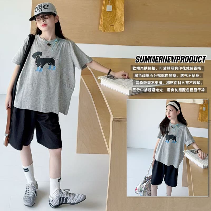 Kids Girls Summer Set 2026 New Style Medium Big Kids Fashionable Cool Dog Print Short Sleeve Shorts Set
