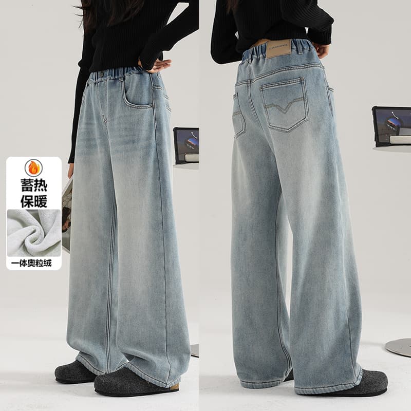 Girls Jeans Fleece-Lined 2025 New Winter Straight Leg Pants Casual Long Pants Middle School Girls One-Piece Fleece Pants