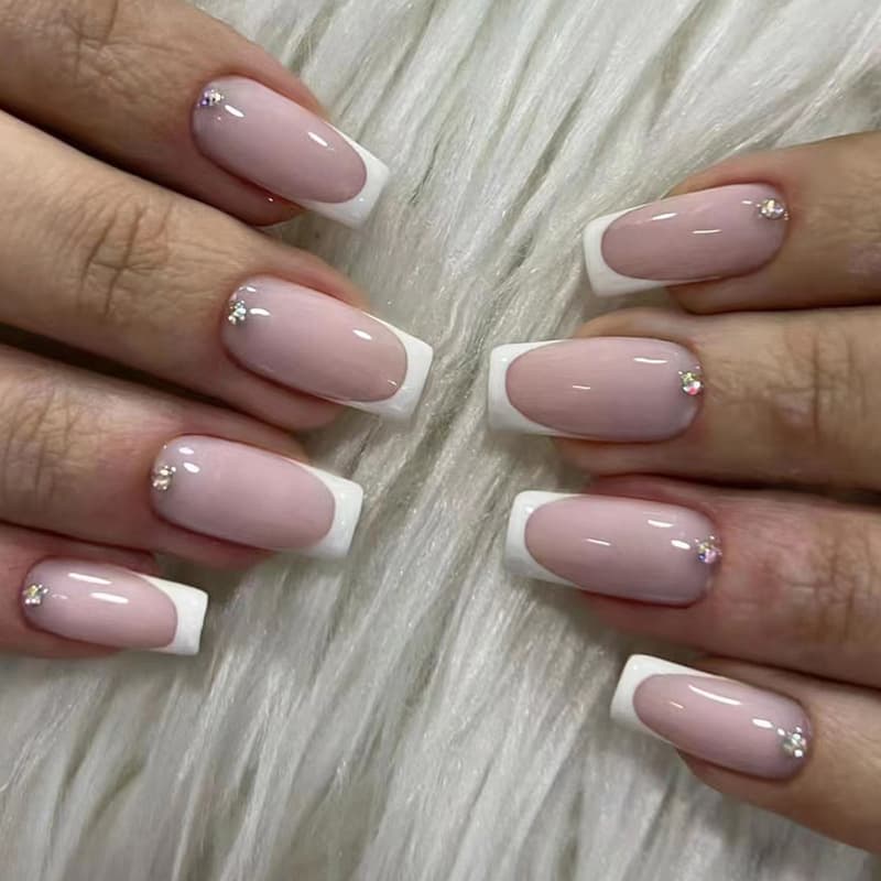 Medium-long square simple white French nail art with rhinestones, wearable nails, pink and sweet girly false nails