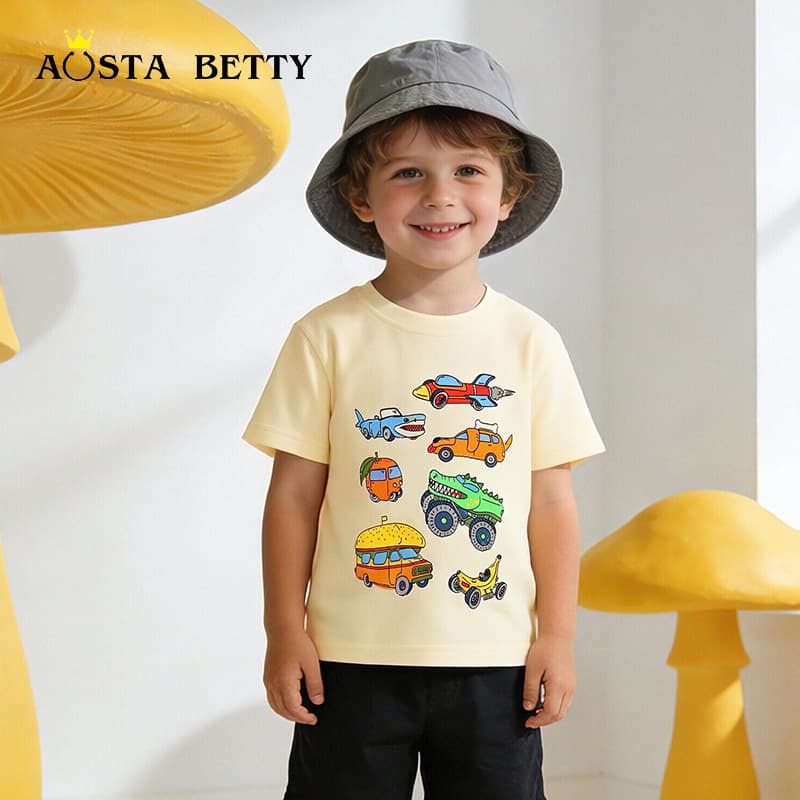 2026 Summer New Boys Short Sleeve T-Shirt European and American Style Cartoon Print Round Neck Undershirt for Toddlers and Kids Sports Top