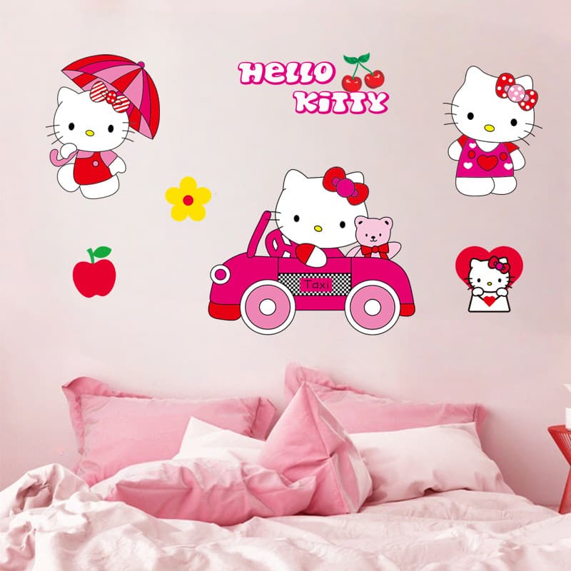 Pink Hello Kitty element wall sticker wardrobe door princess room girl DIY cartoon self-adhesive